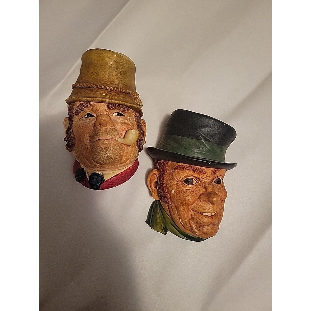 2 Vtg 1969 1961 BOSSONS PADDY Chalkware Head England Irish Man Pipe Wall Hanger